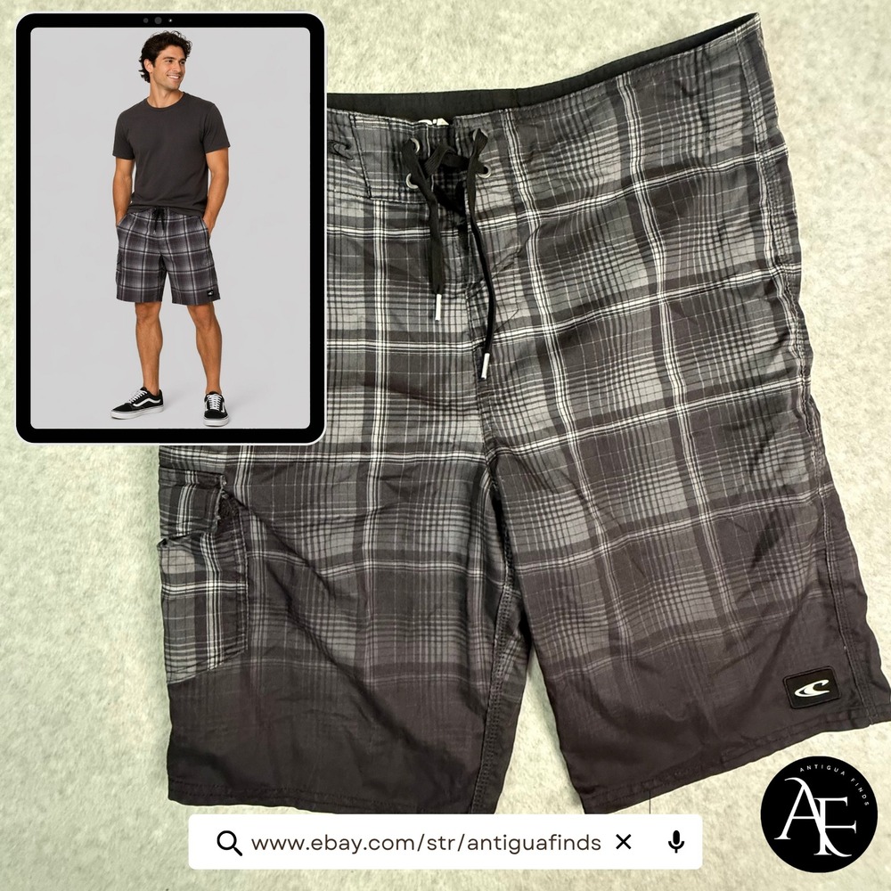 ONeill Mens Plaid Board Shorts Grey Black Fade Swim Trunks Size 32 Cargo Pocket
